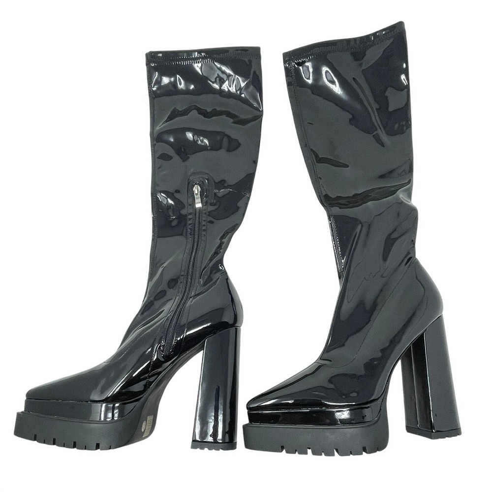 Vivianly Knee High Boots Women 9 Black Patent Platform Block Heel T5862 Open Box